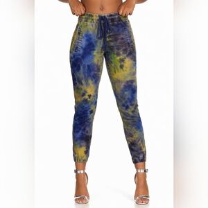 VIP Tie Dye Denim Joggers Size 1/2 | Blue Green Elastic Waist Pants